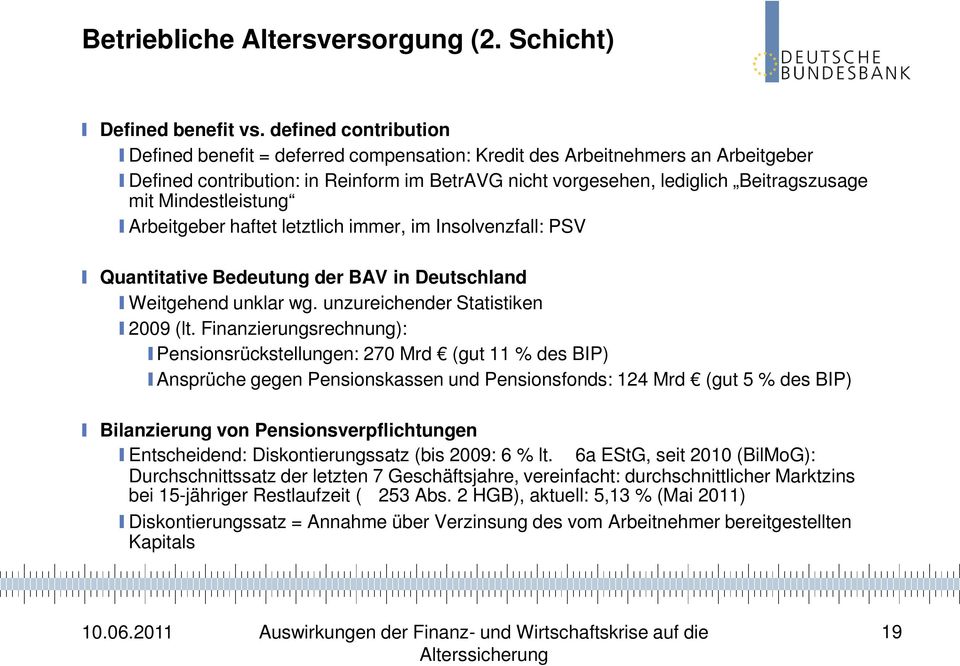 Mindestleistung Arbeitgeber haftet letztlich immer, im Insolvenzfall: PSV Quantitative Bedeutung der BAV in Deutschland Weitgehend unklar wg. unzureichender Statistiken 2009 (lt.