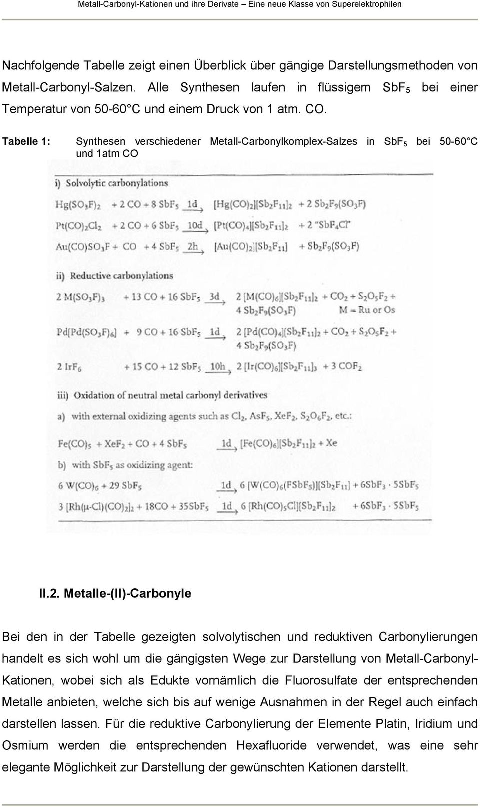 Tabelle 1: Synthesen verschiedener Metall-Carbonylkomplex-Salzes in SbF 5 bei 50-60 C und 1atm CO II.2.