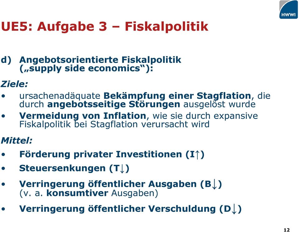 durch expansive Fiskalpolitik bei Stagflation verursacht wird Mittel: Förderung privater Investitionen (I )