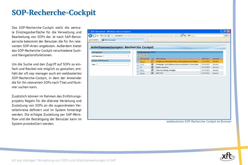 Um die Suche und den Zugriff auf SOPs so einfach und flexibel wie möglich zu gestalten, enthält der xft sop manager auch ein webbasiertes SOP-Recherche-Cockpit, in dem der Anwender die für ihn