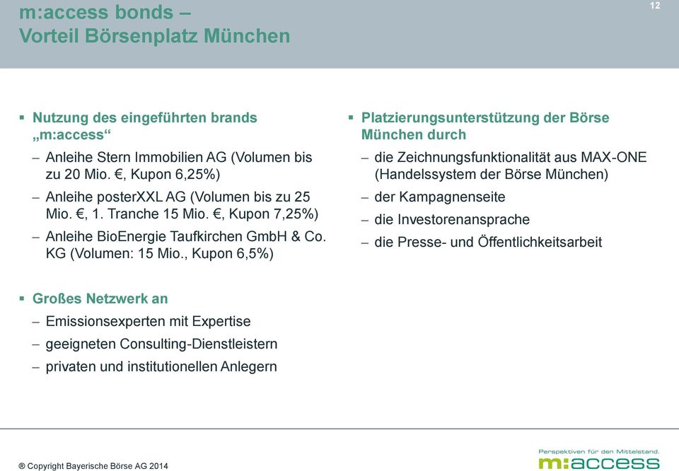 , Kupon 6,5%) Platzierungsunterstützung der Börse München durch die Zeichnungsfunktionalität aus MAX-ONE (Handelssystem der Börse München) der Kampagnenseite