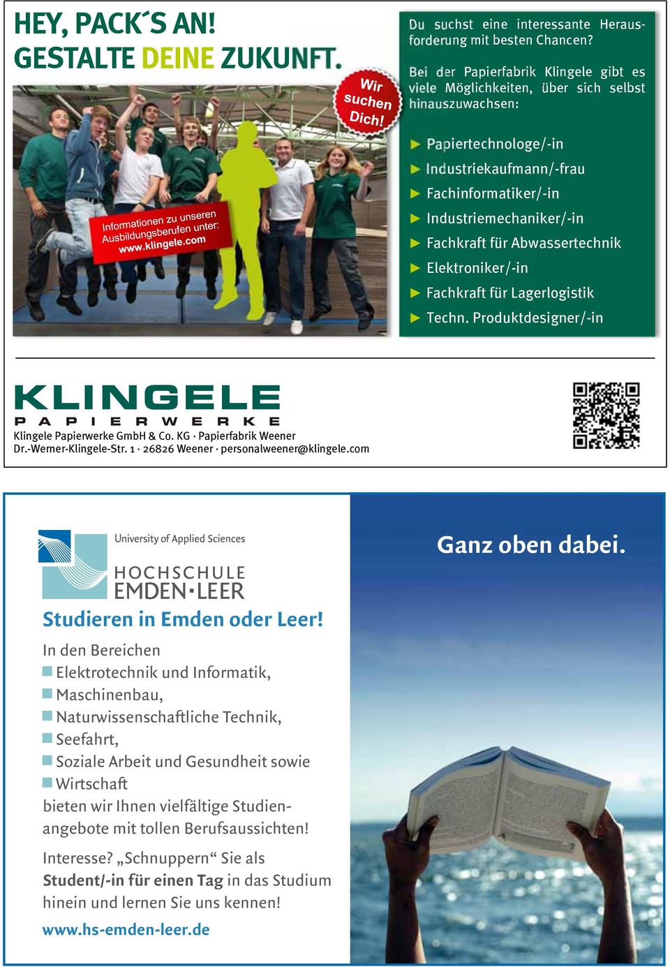 Abwassertechnik Elektroniker/-in Fachkraft für Lagerlogistik Techn. Produktdesigner/-in Klingele Papierwerke GmbH & Co. KG Papierfabrik Weener Dr.-Werner-Klingele-Str.