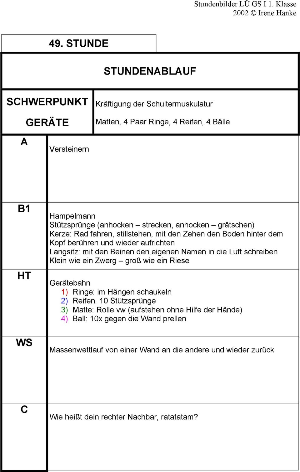 eigenen Namen in die Luft schreiben Klein wie ein Zwerg groß wie ein Riese Gerätebahn 1) Ringe: im Hängen schaukeln 2) Reifen.