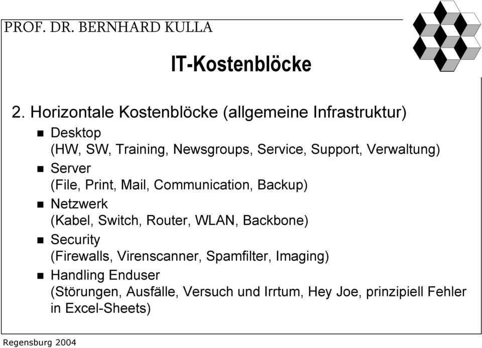 Support, Verwaltung) Server (File, Print, Mail, Communication, Backup) Netzwerk (Kabel, Switch,