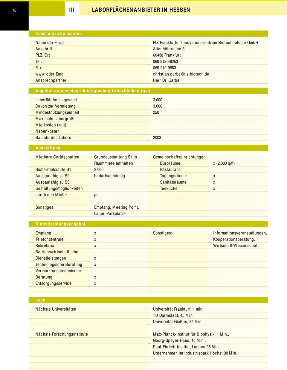 Garbe Angebot an chemisch-biologischen Laborflächen (qm) Laborfläche insgesamt Davon zur Vermietung Mindestnutzungseinheit Maimale Laborgröße 3.000 3.