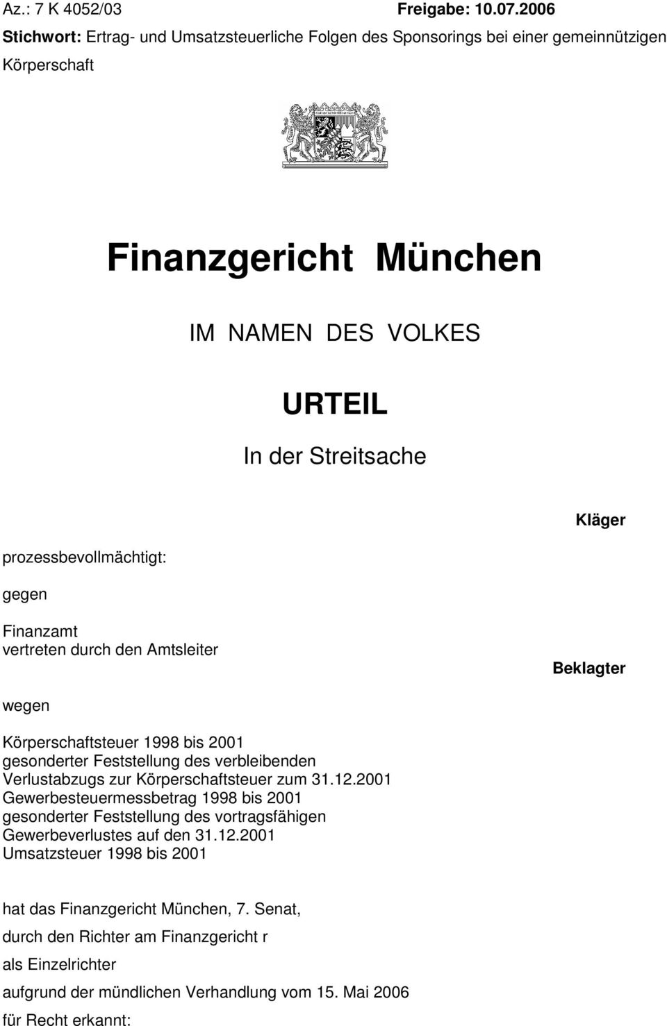 prozessbevollmächtigt: gegen Kläger Finanzamt vertreten durch den Amtsleiter Beklagter wegen Körperschaftsteuer 1998 bis 2001 gesonderter Feststellung des verbleibenden Verlustabzugs