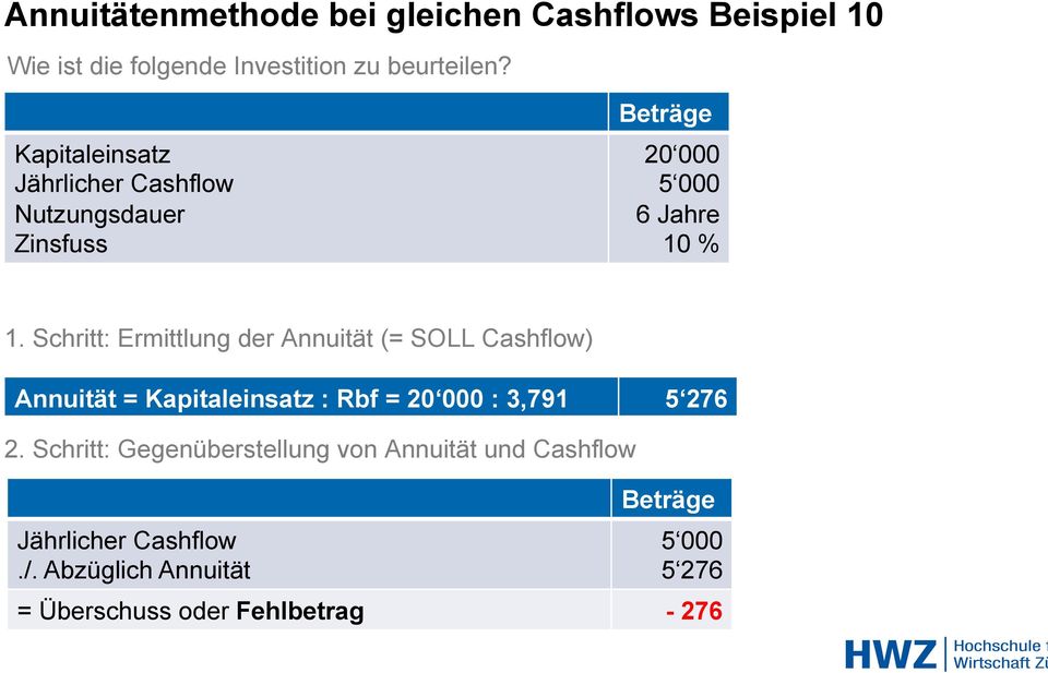 Schritt: Ermittlung der Annuität (= SOLL Cashflow) Annuität = Kapitaleinsatz : Rbf = : 3,791 5 276 2.