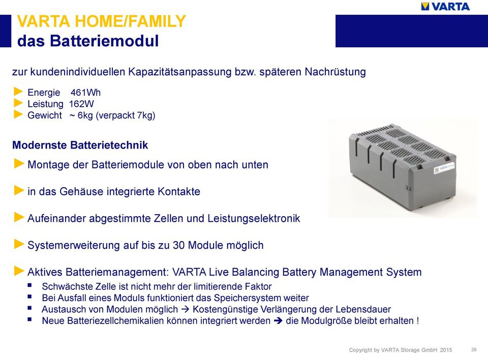 Kontakte Aufeinander abgestimmte Zellen und Leistungselektronik Systemerweiterung auf bis zu 30 Module möglich Aktives Batteriemanagement: VARTA Live Balancing Battery Management