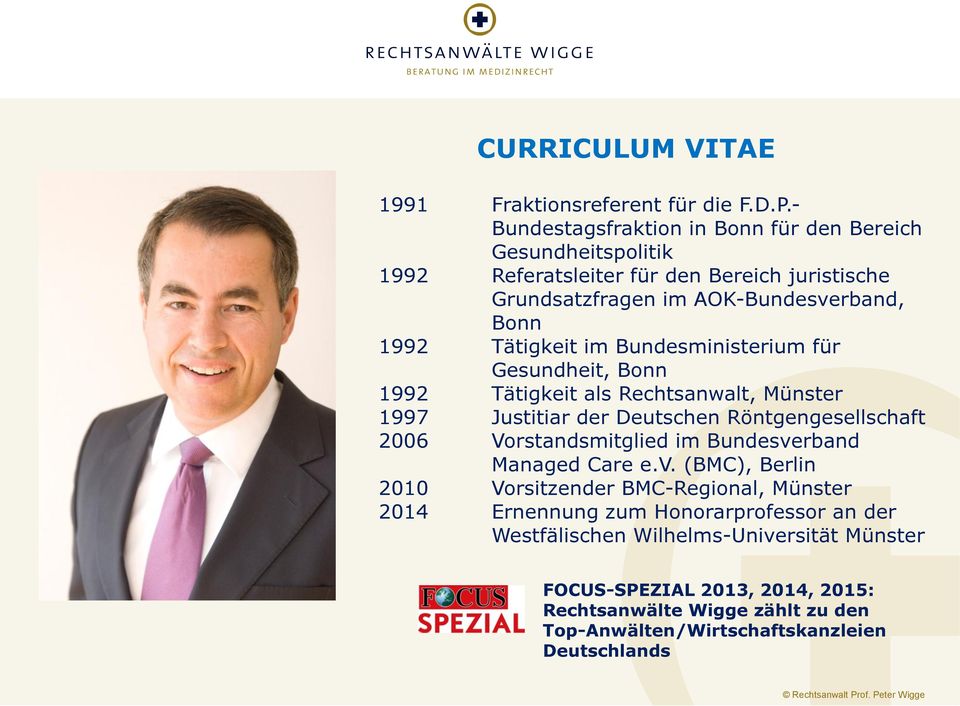 Tätigkeit im Bundesministerium für Gesundheit, Bonn 1992 Tätigkeit als Rechtsanwalt, Münster 1997 Justitiar der Deutschen Röntgengesellschaft 2006 Vorstandsmitglied
