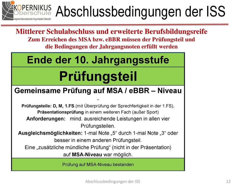 Jahrgangsstufe Prüfungsteil Gemeinsame Prüfung auf MSA / ebbr Niveau - Prüfungsteile: D, M, 1.FS.(mit Überprüfung der Sprechfertigkeit in der 1.
