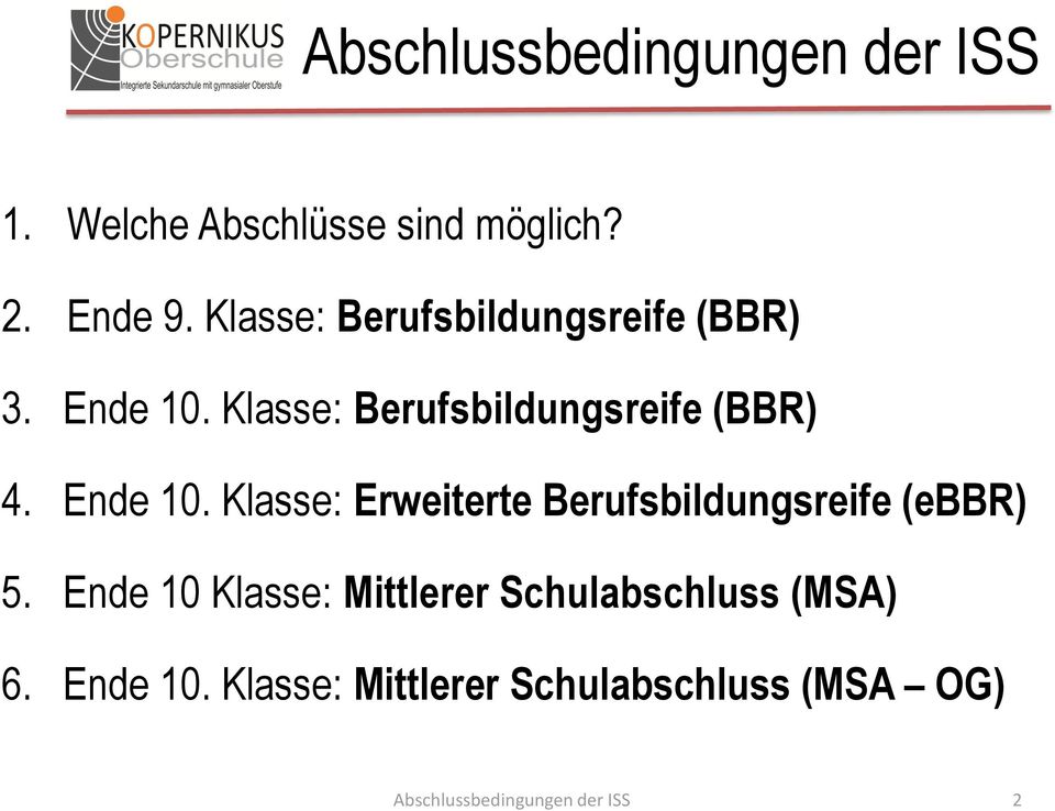 Klasse: Berufsbildungsreife (BBR) 4. Ende 10.