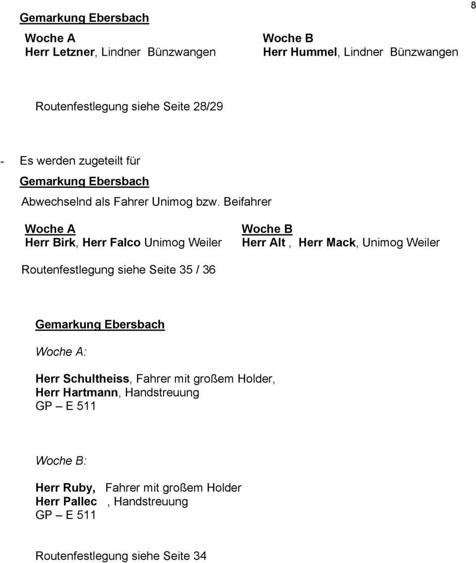 Beifahrer Woche A Herr Birk, Herr Falco Unimog Weiler Woche B Herr Alt, Herr Mack, Unimog Weiler Routenfestlegung siehe Seite 35 / 36 Gemarkung