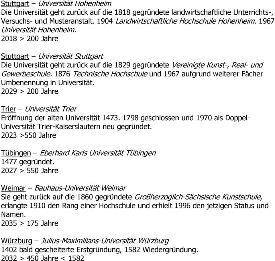 1876 Technische Hochschule und 1967 aufgrund weiterer Fächer Umbenennung in Universität. 2029 > 200 Jahre Trier Universität Trier Eröffnung der alten Universität 1473.