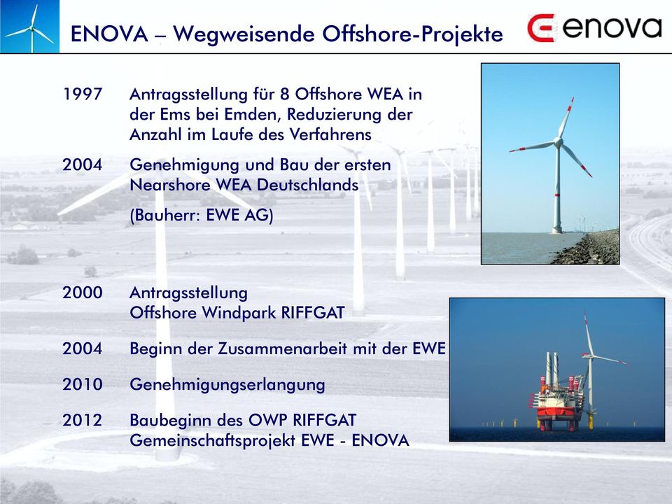 Deutschlands (Bauherr: EWE AG) 2000 Antragsstellung Offshore Windpark RIFFGAT 2004 Beginn der