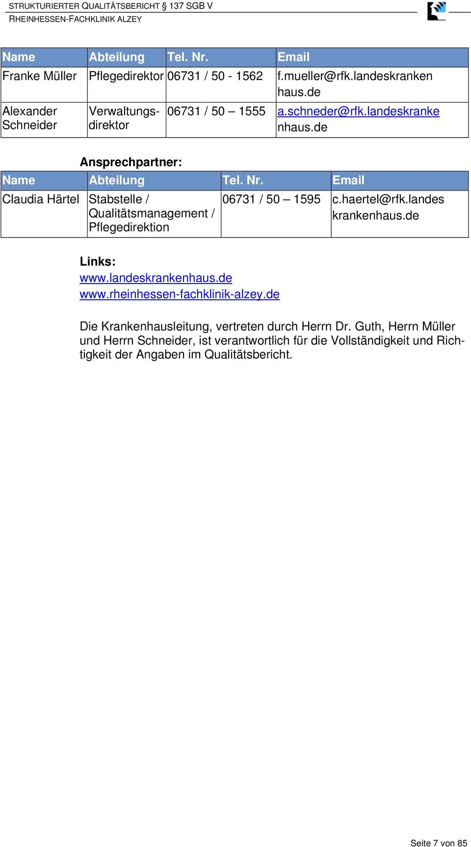 Email Claudia Härtel Stabstelle / Qualitätsmanagement / Pflegedirektion 06731 / 50 1595 c.haertel@rfk.landes krankenhaus.de Links: www.landeskrankenhaus.