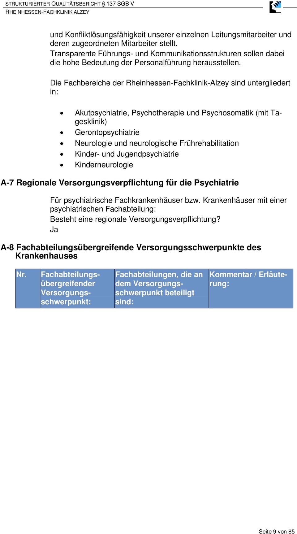 Die Fachbereiche der Rheinhessen-Fachklinik-Alzey sind untergliedert in: Akutpsychiatrie, Psychotherapie und Psychosomatik (mit Tagesklinik) Gerontopsychiatrie Neurologie und neurologische