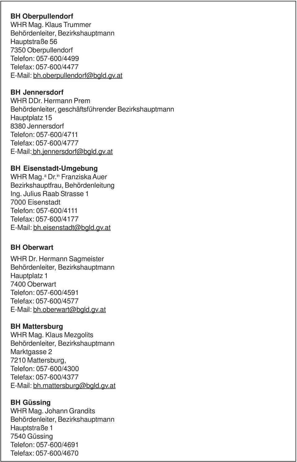 at BH Eisenstadt-Umgebung WHR Mag. a Dr. in Franziska Auer Bezirkshauptfrau, Behördenleitung Ing. Julius Raab Strasse 1 7000 Eisenstadt Telefon: 057-600/4111 Telefax: 057-600/4177 E-Mail: bh.
