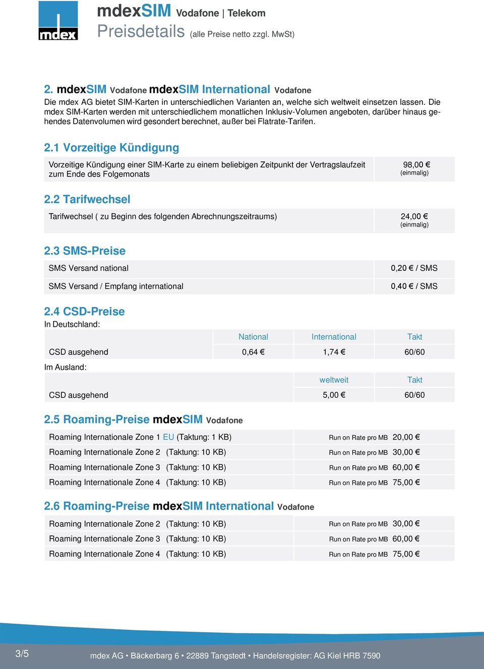 1 Vorzeitige Kündigung orzeitige Kündigung einer SIM-Karte zu einem beliebigen Zeitpunkt der Vertragslaufzeit zum Ende des Folgemonats 98,00 2.