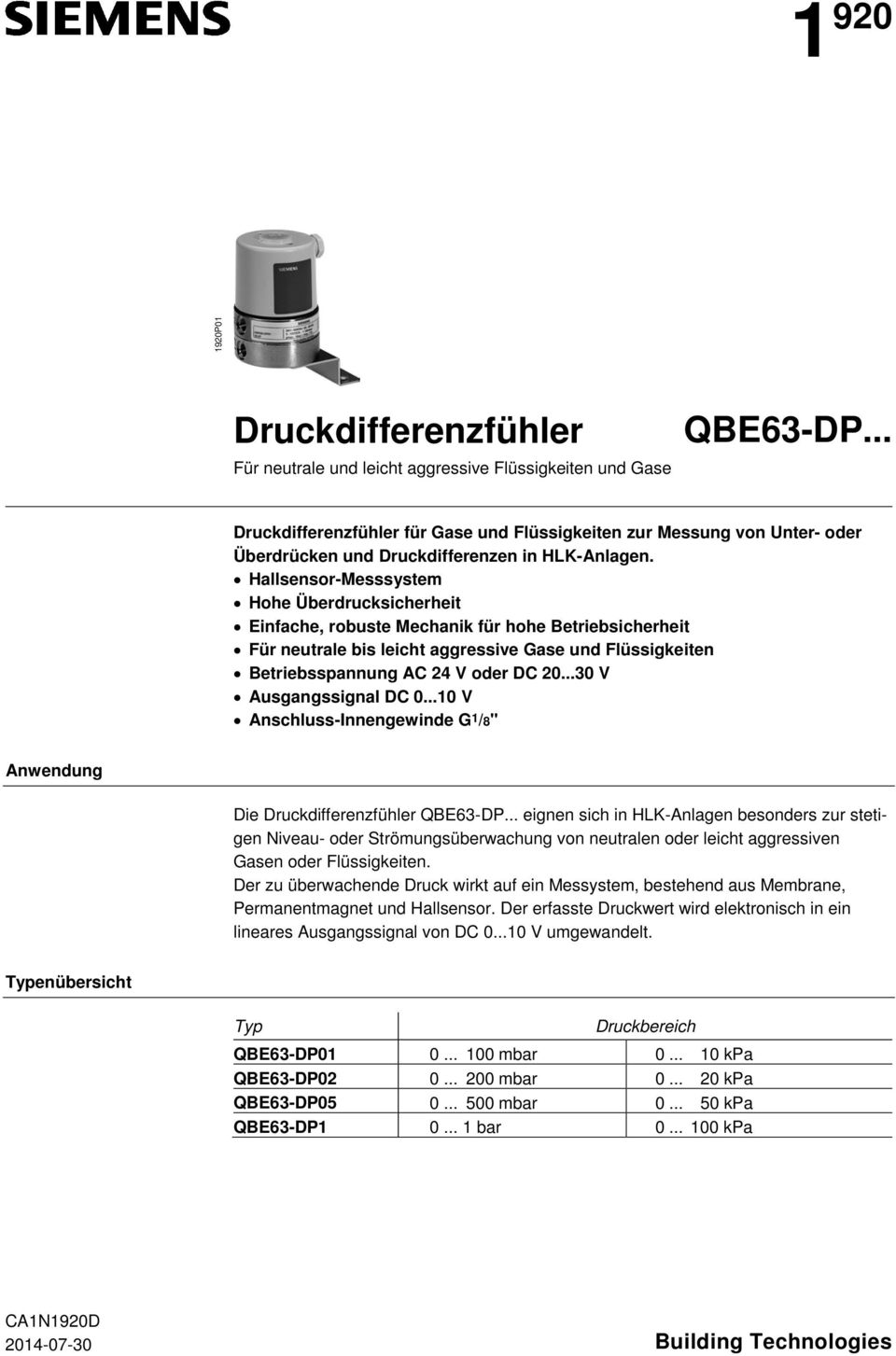 SIEMENS QBM65-3 Druckdifferenzfühler für Luft und nicht aggressive Gase 