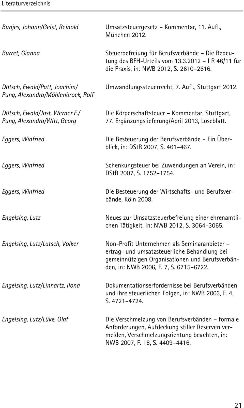 Steuerbefreiung für Berufsverbände Die Bedeutung des BFH-Urteils vom 13.3.2012 IR46/11 für die Praxis, in: NWB 2012, S. 2610 2616. Umwandlungssteuerrecht, 7. Aufl., Stuttgart 2012.