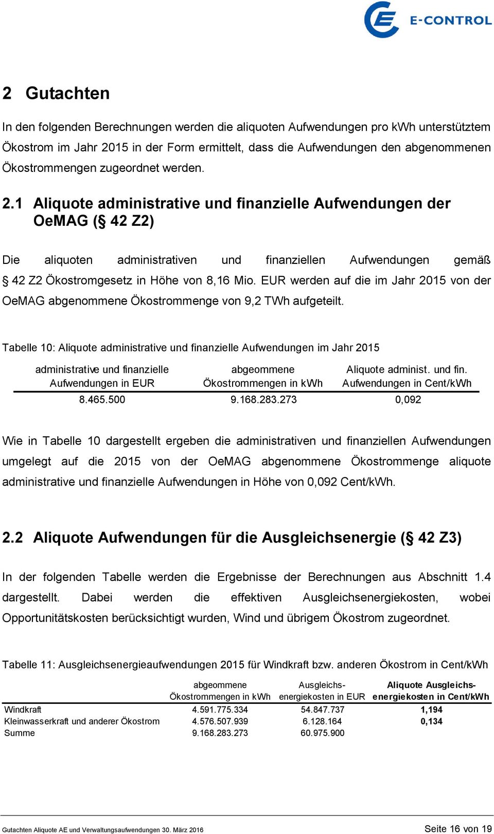 1 Aliquote administrative und finanzielle Aufwendungen der OeMAG ( 42 Z2) Die aliquoten administrativen und finanziellen Aufwendungen gemäß 42 Z2 Ökostromgesetz in Höhe von 8,16 Mio.