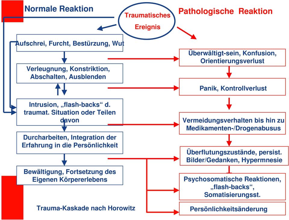 Ereignis Pathologische Reaktion Überwältigt-sein, Konfusion, Orientierungsverlust Panik, Kontrollverlust Vermeidungsverhalten bis hin zu