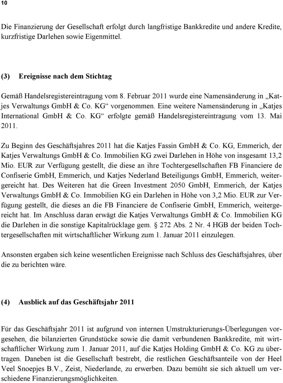 Eine weitere Namensänderung in Katjes International GmbH & Co. KG erfolgte gemäß Handelsregistereintragung vom 13. Mai 2011. Zu Beginn des Geschäftsjahres 2011 hat die Katjes Fassin GmbH & Co.