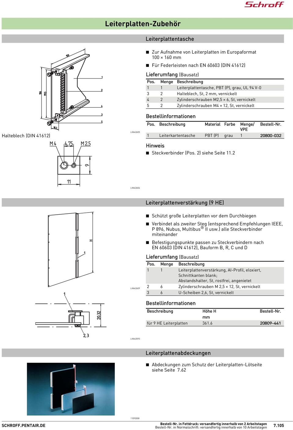 Halteblech (DIN 462) LKA42605 Pos. Beschreibung Material Farbe Menge/ Bestell-Nr. Leiterkartentasche PBT (P) grau 20800-032 Steckverbinder (Pos. 2) siehe Seite.
