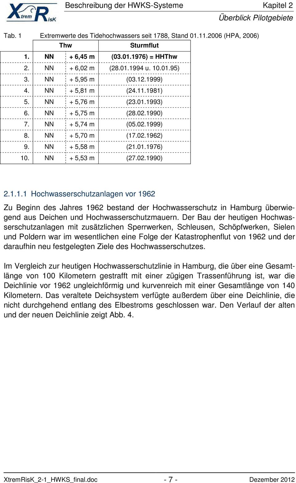 NN + 5,58 m (21.01.1976) 10. NN + 5,53 m (27.02.1990) 2.1.1.1 Hochwasserschutzanlagen vor 1962 Zu Beginn des Jahres 1962 bestand der Hochwasserschutz in Hamburg überwiegend aus Deichen und Hochwasserschutzmauern.