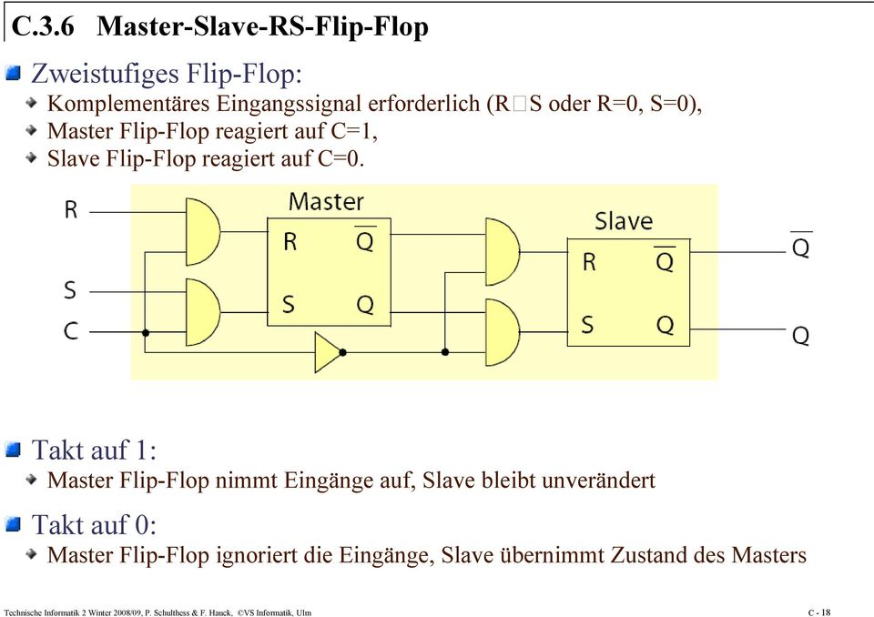 Takt auf 1: Master Flip-Flop nimmt Eingänge auf, Slave bleibt unverändert Takt auf 0: Master Flip-Flop