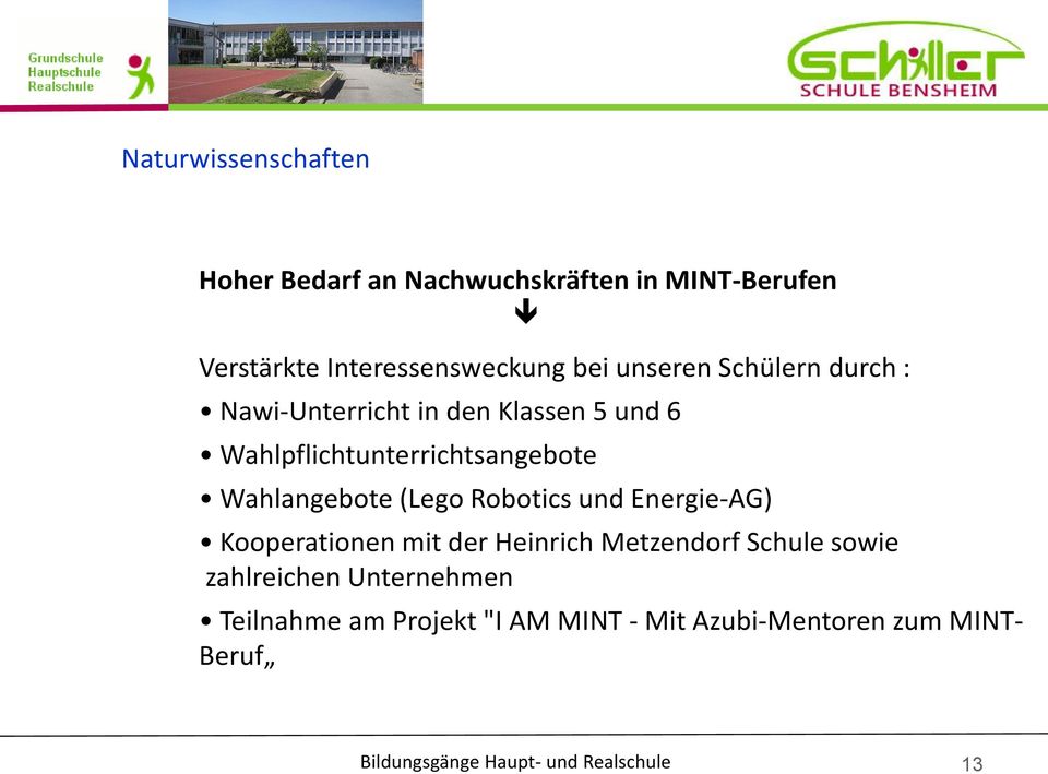 Wahlangebote (Lego Robotics und Energie-AG) Kooperationen mit der Heinrich Metzendorf Schule sowie