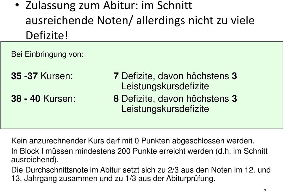 Leistungskursdefizite Kein anzurechnender Kurs darf mit 0 Punkten abgeschlossen werden.