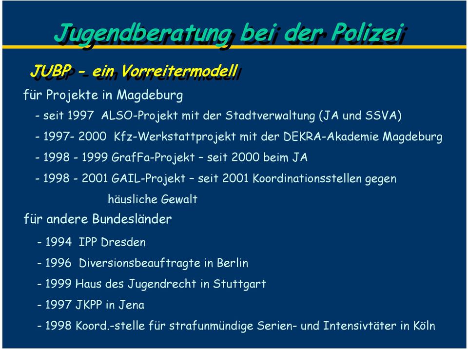 2001 Koordinationsstellen gegen häusliche Gewalt für andere Bundesländer - 1994 IPP Dresden - 1996 Diversionsbeauftragte in Berlin