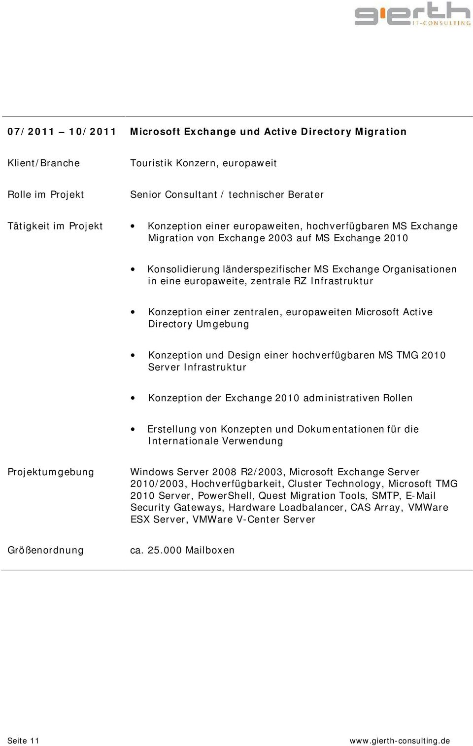 einer zentralen, europaweiten Microsoft Active Directory Umgebung Konzeption und Design einer hochverfügbaren MS TMG 2010 Server Infrastruktur Konzeption der Exchange 2010 administrativen Rollen