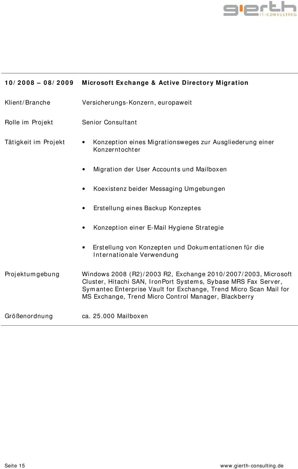 Hygiene Strategie Erstellung von Konzepten und Dokumentationen für die Internationale Verwendung Windows 2008 (R2)/2003 R2, Exchange 2010/2007/2003, Microsoft Cluster, Hitachi