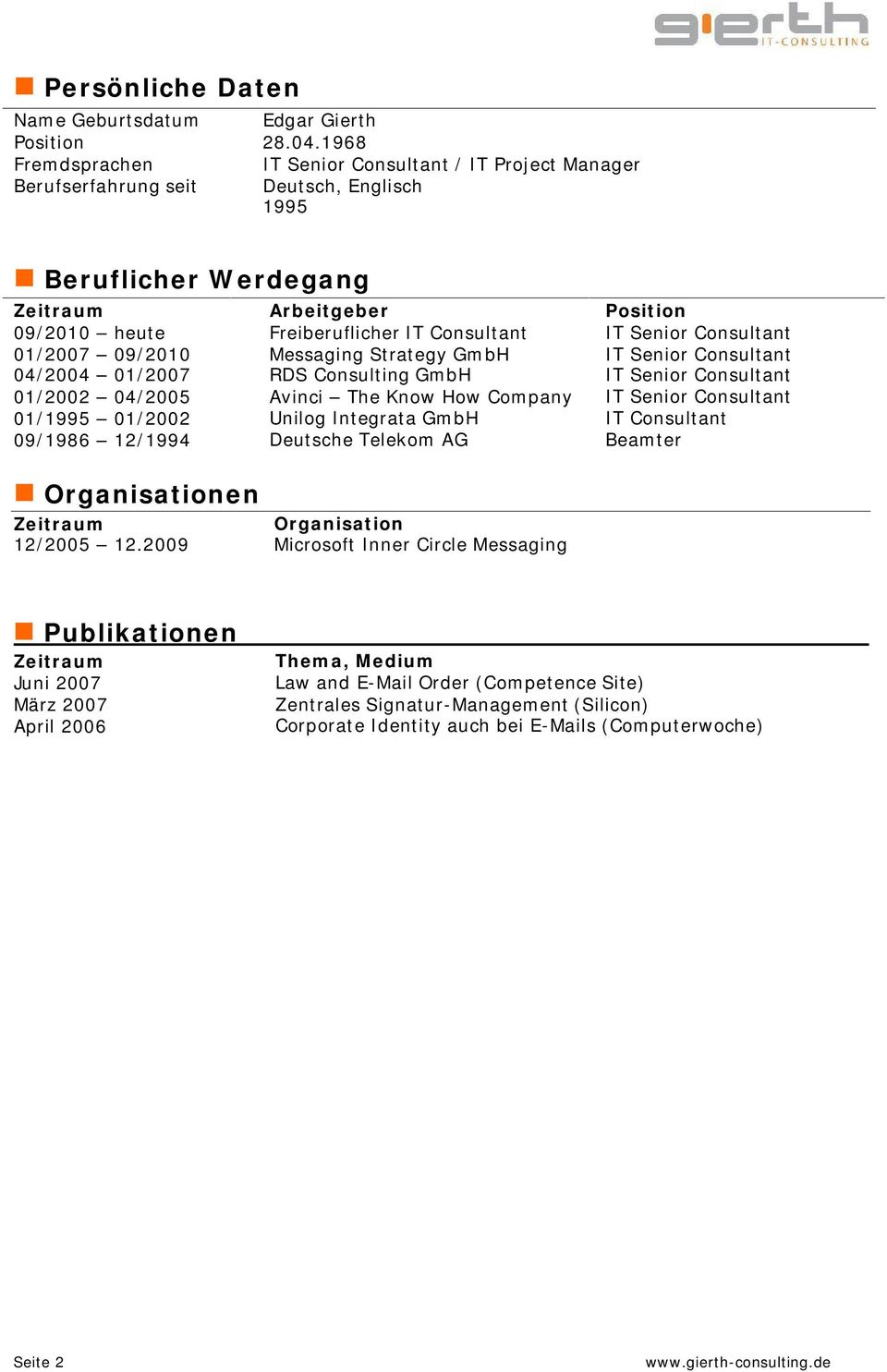 Arbeitgeber Freiberuflicher IT Consultant Messaging Strategy GmbH RDS Consulting GmbH Avinci The Know How Company Unilog Integrata GmbH Deutsche Telekom AG Position IT Senior Consultant IT Senior