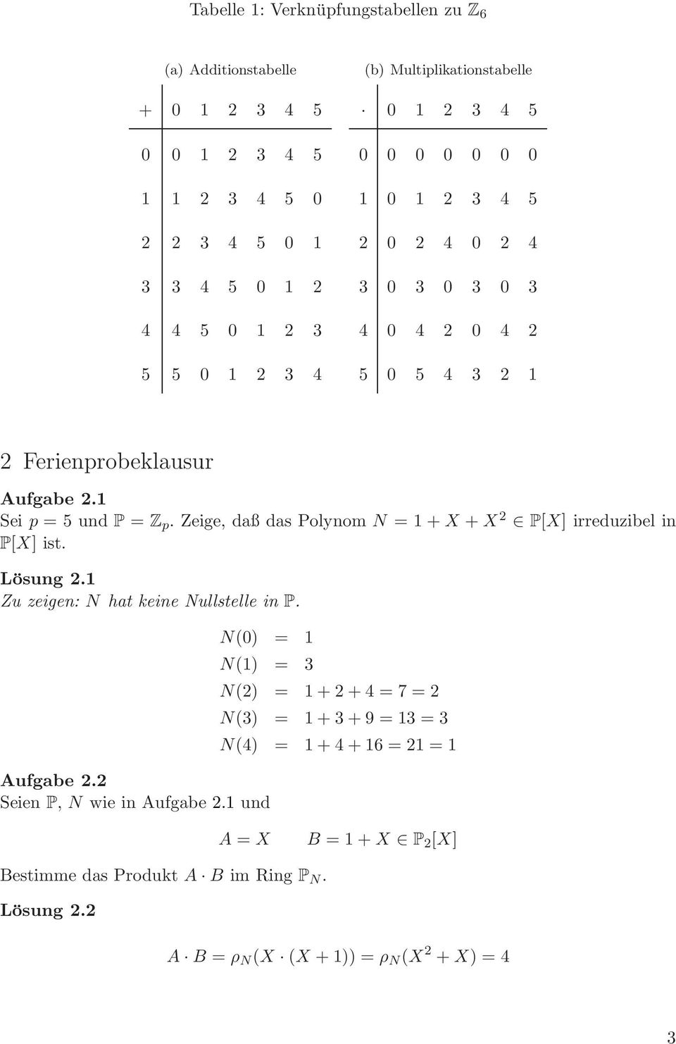 Zeige, daß das Polynom N = 1 + X + X 2 P[X] irreduzibel in P[X] ist. Lösung 2.1 Zu zeigen: N hat keine Nullstelle in P. N(0) = 1 N(1) = 3 Aufgabe 2.2 Seien P, N wie in Aufgabe 2.