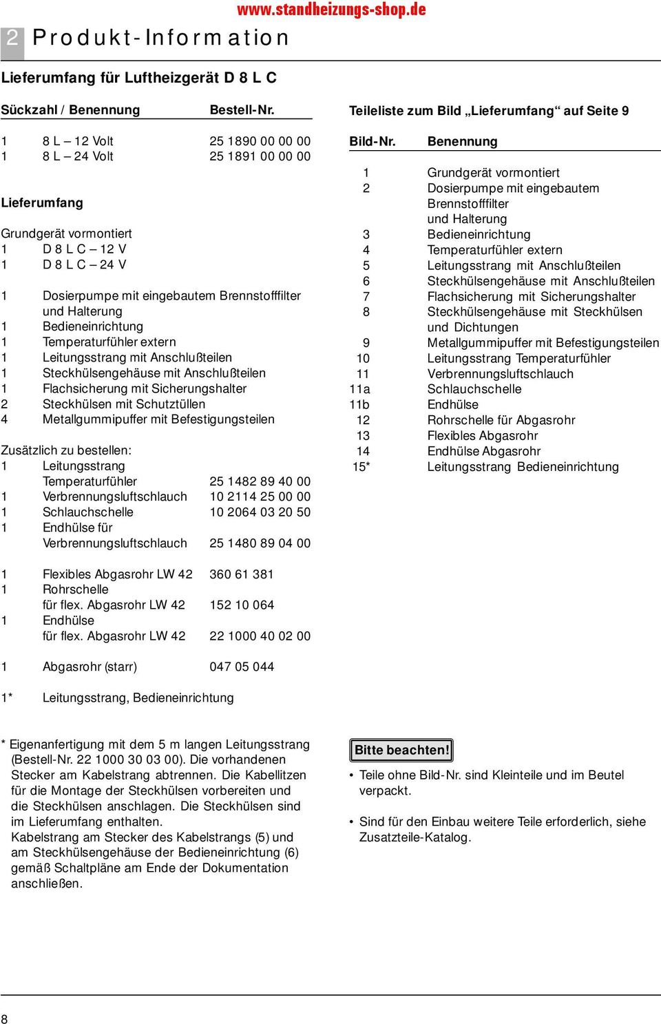 eingebautem Brennstofffilter und Halterung 1 Bedieneinrichtung 1 Temperaturfühler extern 1 Leitungsstrang mit Anschlußteilen 1 Steckhülsengehäuse mit Anschlußteilen 1 Flachsicherung mit