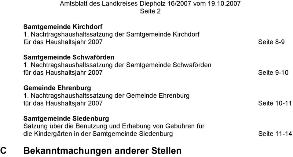 Nachtragshaushaltssatzung der Samtgemeinde Schwaförden für das Haushaltsjahr 2007 Seite 9-10 Gemeinde Ehrenburg 1.
