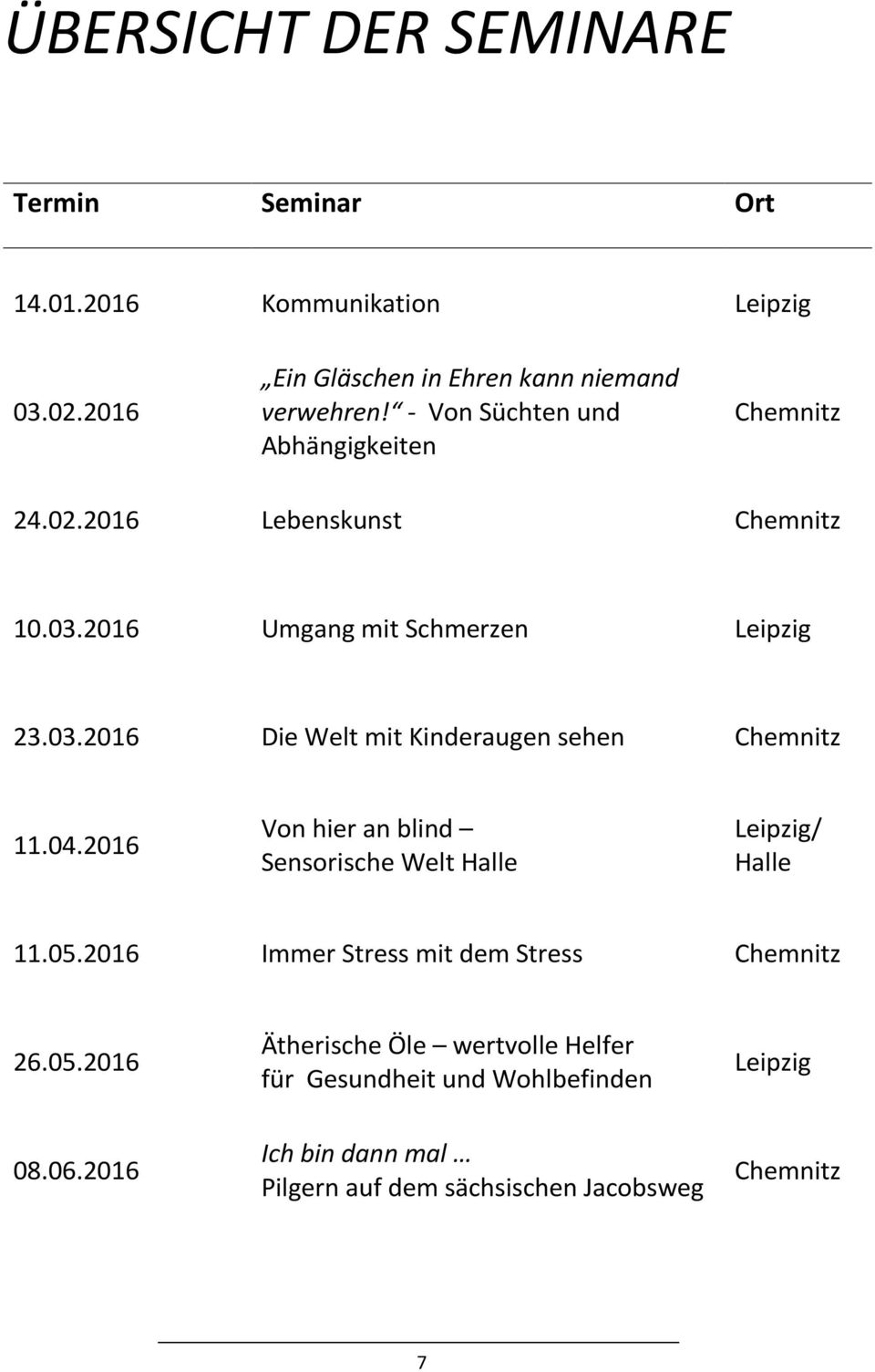 04.2016 Von hier an blind Sensorische Welt Halle Leipzig/ Halle 11.05.2016 Immer Stress mit dem Stress 26.05.2016 08.06.