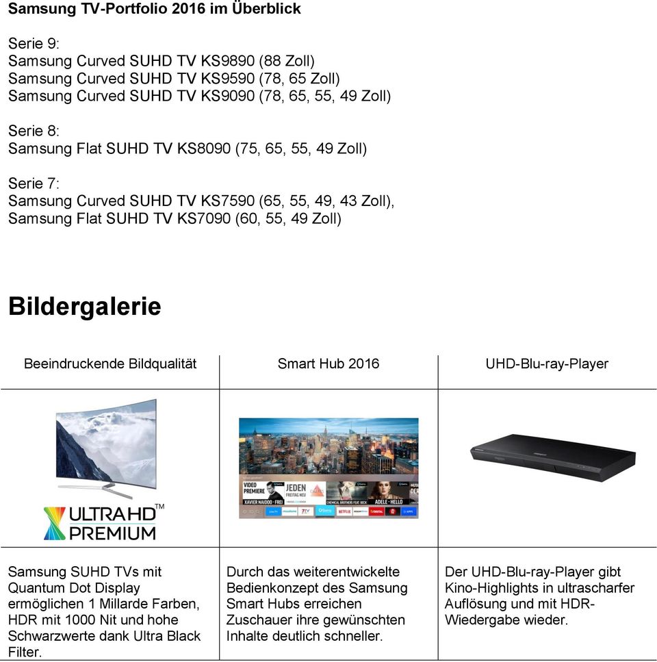 Bildqualität Smart Hub 2016 UHD-Blu-ray-Player Samsung SUHD TVs mit Quantum Dot Display ermöglichen 1 Millarde Farben, HDR mit 1000 Nit und hohe Schwarzwerte dank Ultra Black Filter.