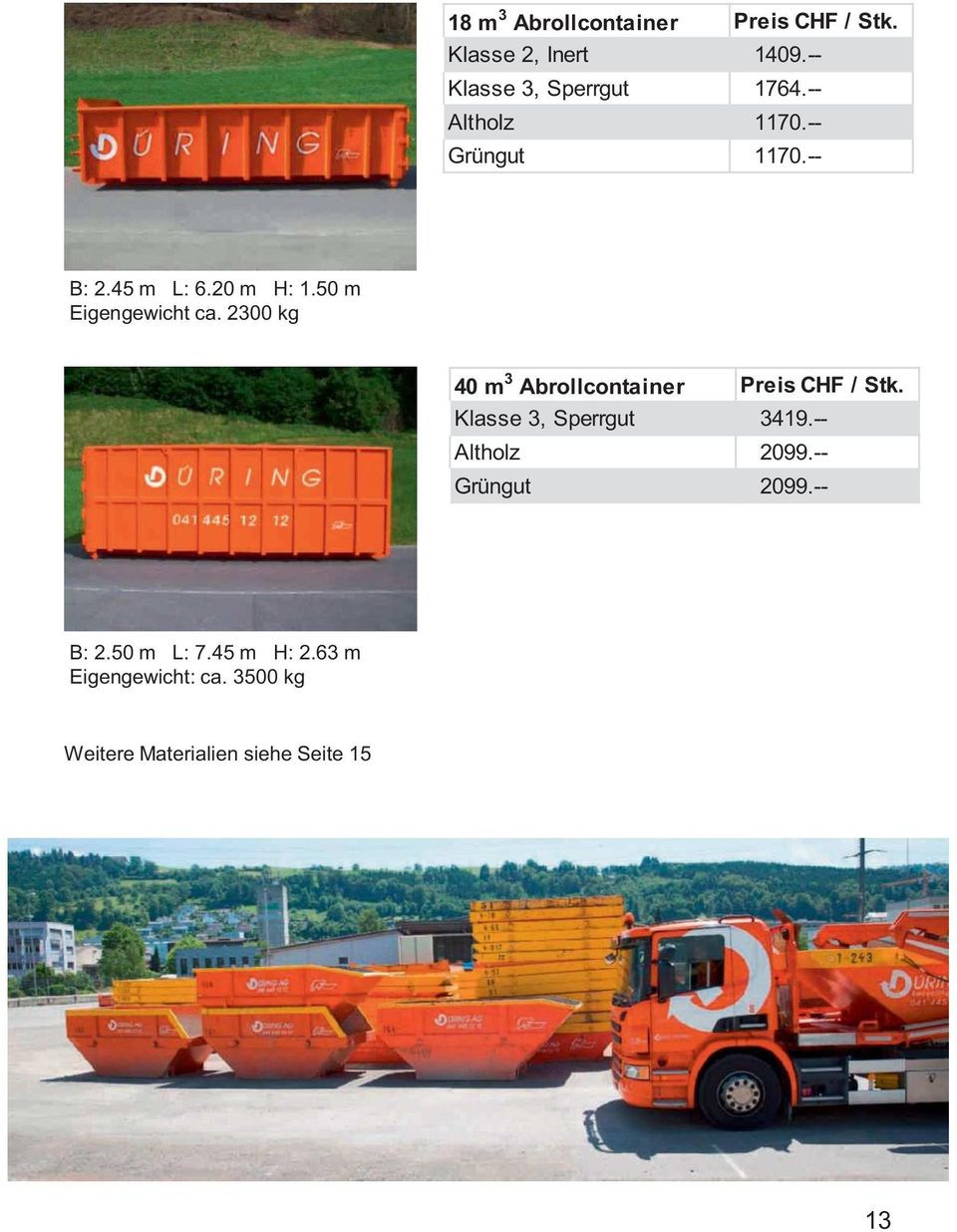 2300 kg 40 m 3 Abrollcontainer Preis CHF / Stk. Klasse 3, Sperrgut 3419.-- Altholz 2099.