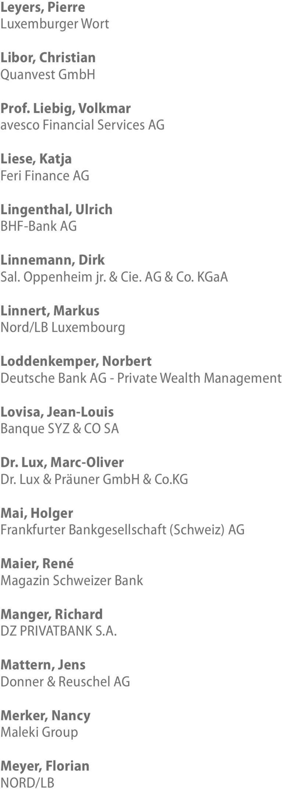 KGaA Linnert, Markus Nord/LB Luxembourg Loddenkemper, Norbert Deutsche Bank AG - Private Wealth Management Lovisa, Jean-Louis Banque SYZ & CO SA Dr.