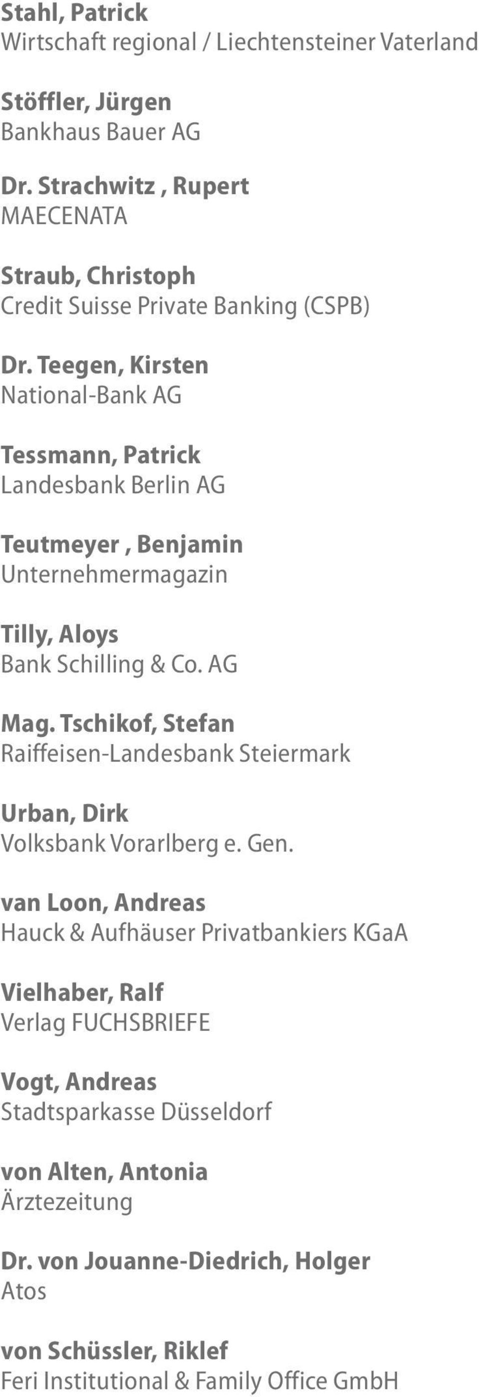 Teegen, Kirsten National-Bank AG Tessmann, Patrick Landesbank Berlin AG Teutmeyer, Benjamin Unternehmermagazin Tilly, Aloys Bank Schilling & Co. AG Mag.