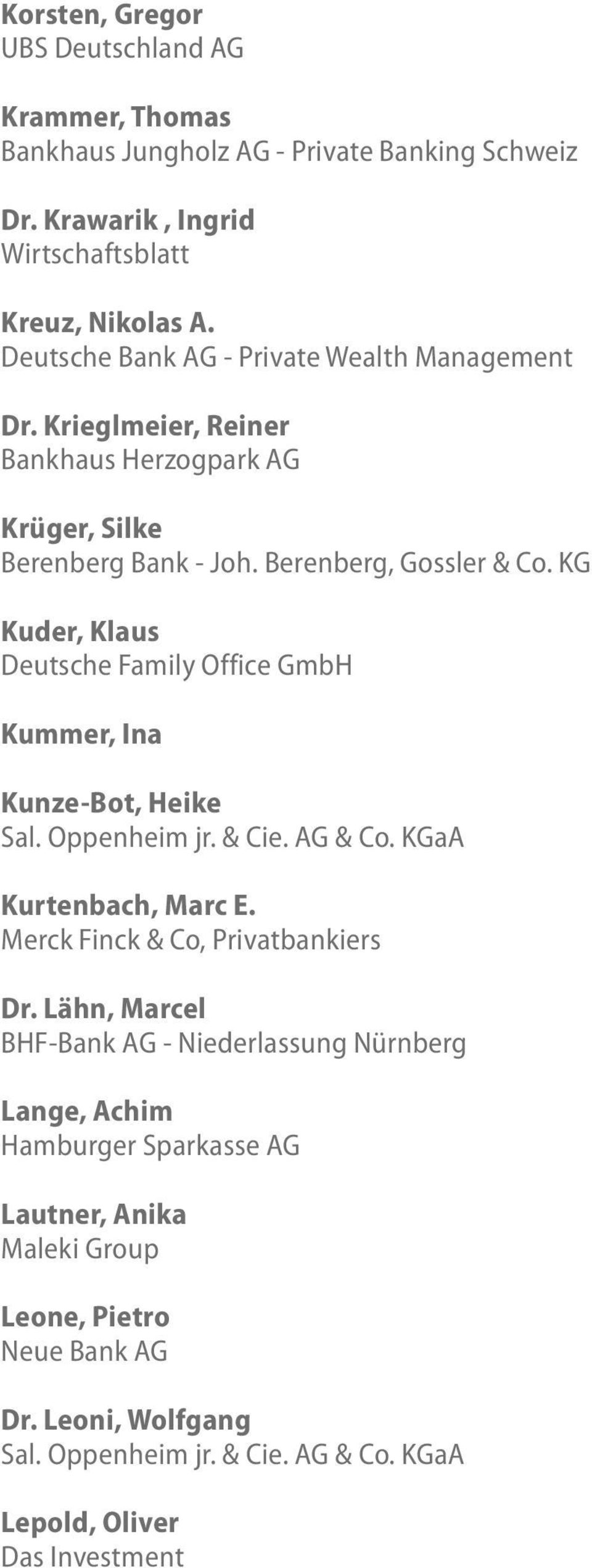KG Kuder, Klaus Deutsche Family Office GmbH Kummer, Ina Kunze-Bot, Heike Sal. Oppenheim jr. & Cie. AG & Co. KGaA Kurtenbach, Marc E. Merck Finck & Co, Privatbankiers Dr.