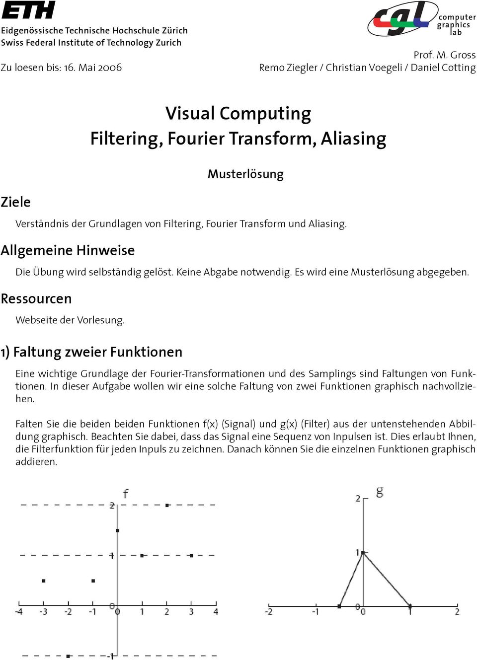 Gross Remo Ziegler / Christian Voegeli / Daniel Cotting Ziele Visual Computing Filtering, Fourier Transform, Aliasing Musterlösung Verständnis der Grundlagen von Filtering, Fourier Transform und