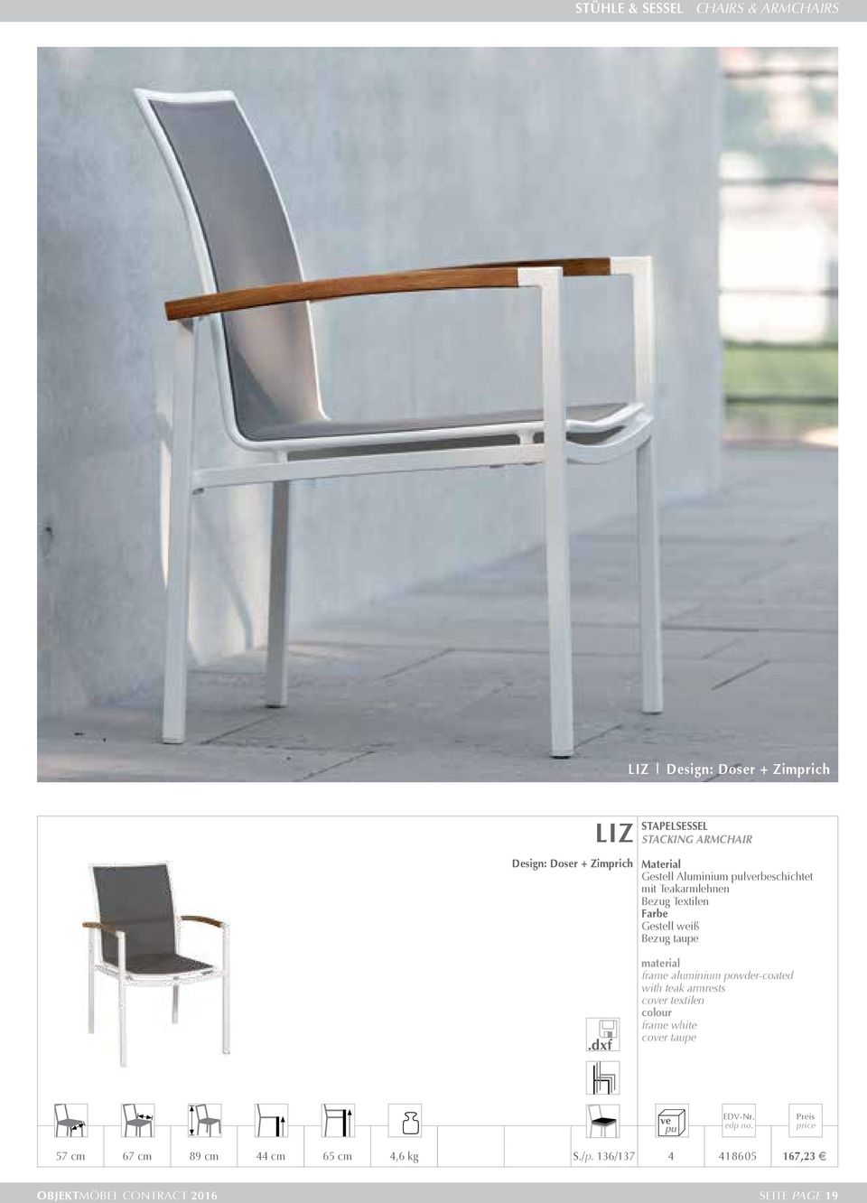 Gestell weiß Bezug taupe frame aluminium powder-coated with teak armrests cover textilen frame white