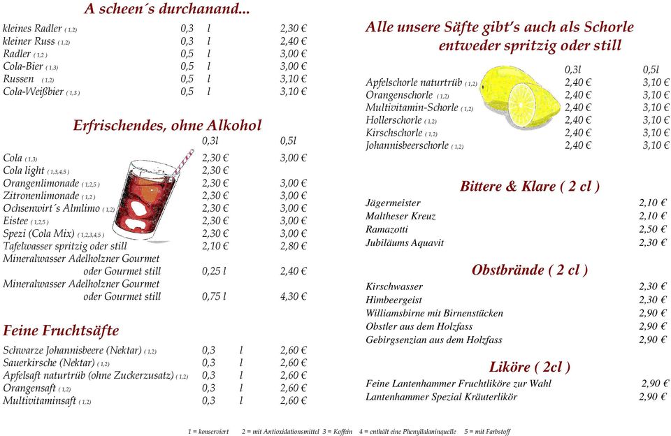 Alkohol 0,3l 0,5l Cola ( 1,3) 2,30 3,00 Cola light ( 1,3,4,5 ) 2,30 Orangenlimonade ( 1,2,5 ) 2,30 3,00 Zitronenlimonade ( 1,2 ) 2,30 3,00 Ochsenwirt s Almlimo ( 1,2) 2,30 3,00 Eistee ( 1,2,5 ) 2,30
