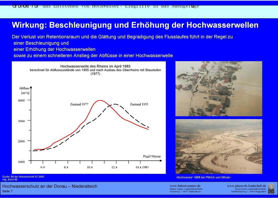 Hochwasserwelle des Rheins im April 1983 berechnet für Abflusszustände von 1955 und nach Ausbau des Oberrheins mit Staustufen (1977) Abfluss [m³/s] 4000