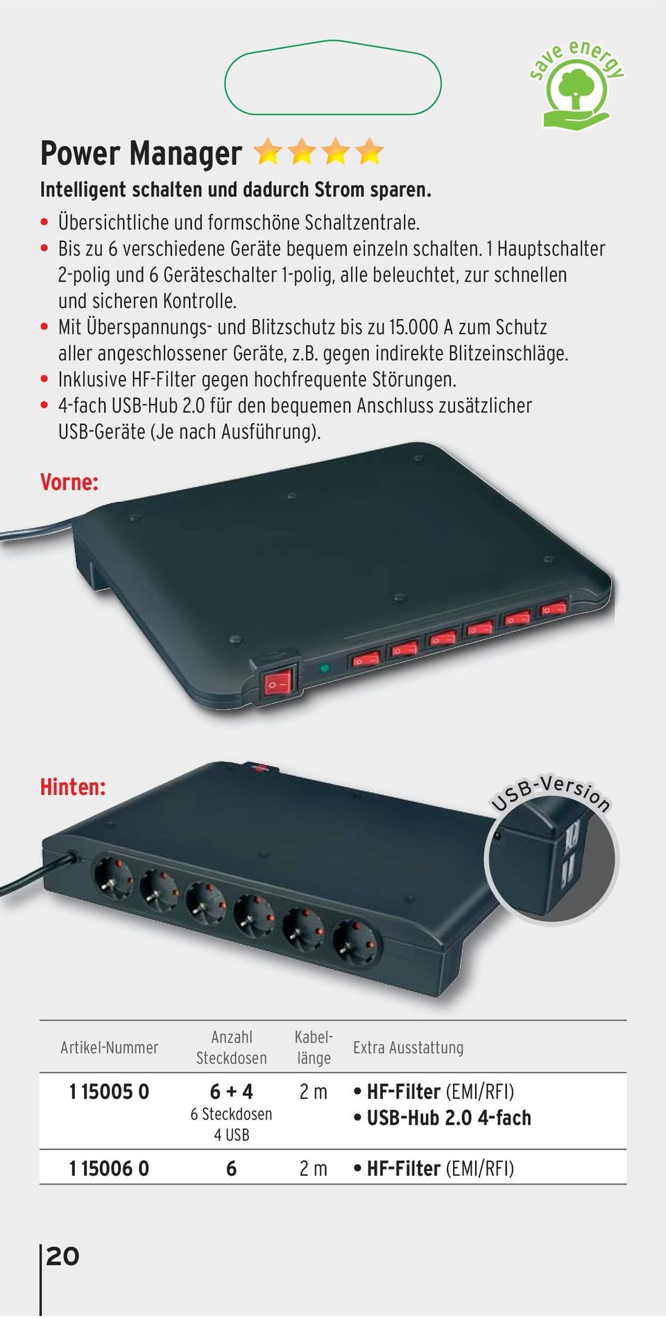 000 A zum Schutz aller angeschlossener Geräte, z.b. gegen indirekte Blitzeinschläge. Inklusive HF-Filter gegen hochfrequente Störungen. 4-fach USB-Hub 2.